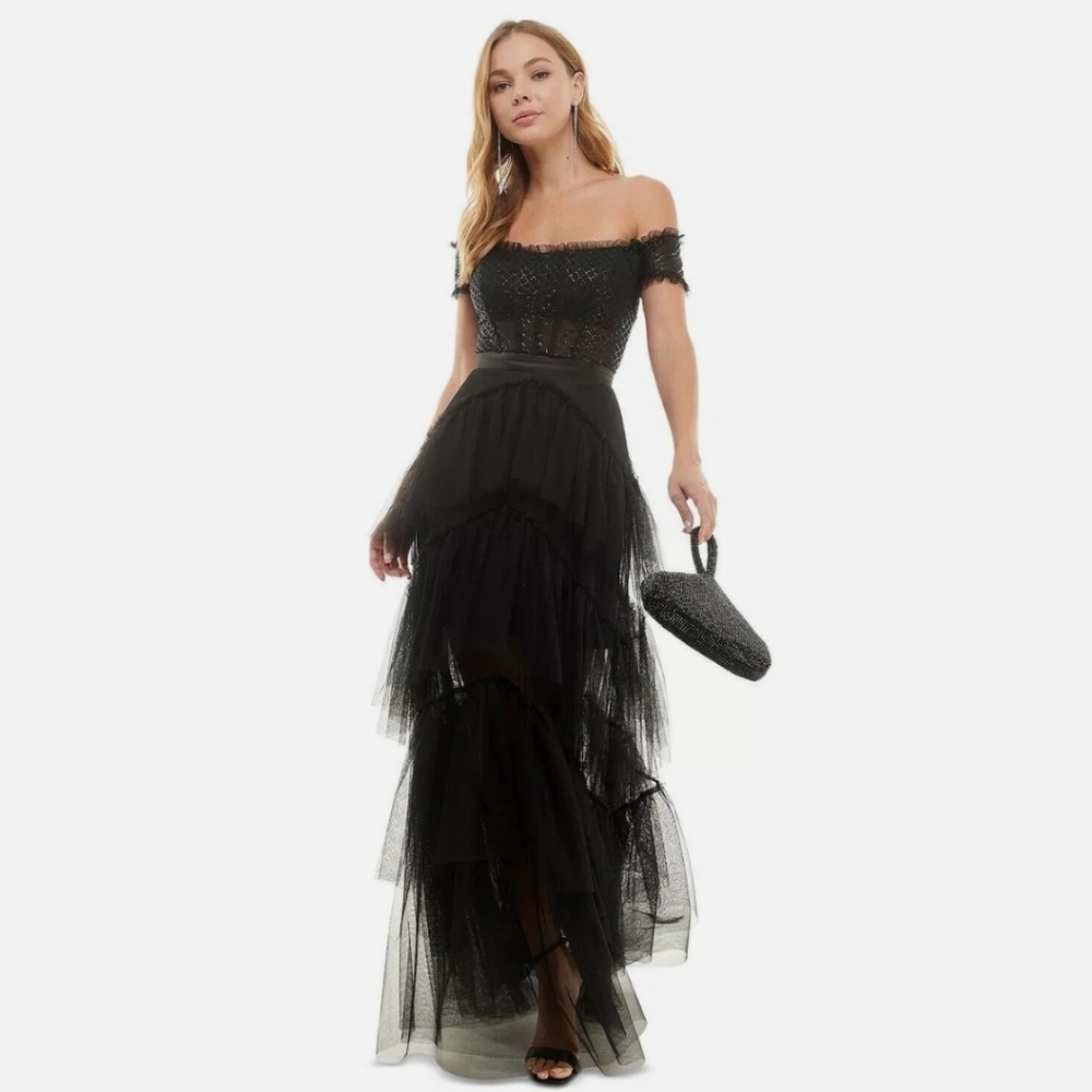 New!CITY STUDIOS Off-The-Shoulder Tiered Mesh Elegant Black Evening Dress Sz 9